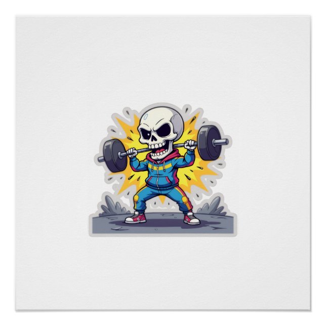 Póster “Cute Cartoon Skeleton Weightlifter • Funny Gym Ba (Anverso)