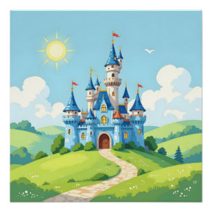 Póster Cute castillo azul y blanco