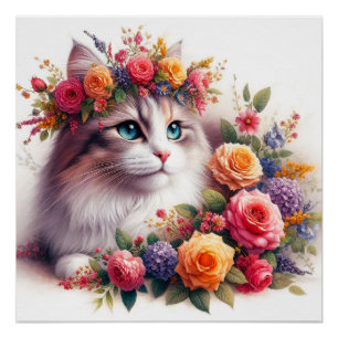 Póster Cute cat flowers painting