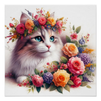 Póster Cute cat flowers painting