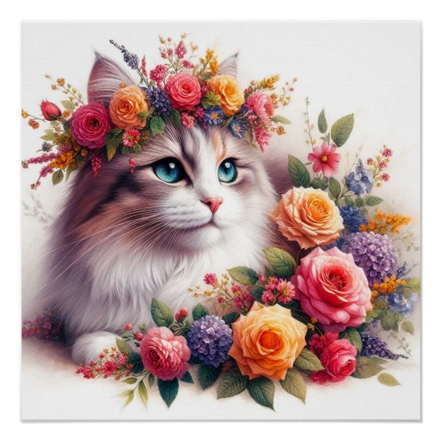 Póster Cute cat flowers painting (Anverso)