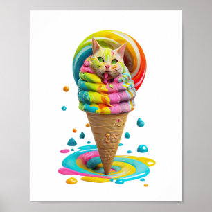 Póster Cute Cat Ice Cream Cone colorido