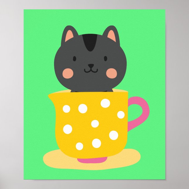 Póster Cute cat in teacup cartoon on mint (Frente)