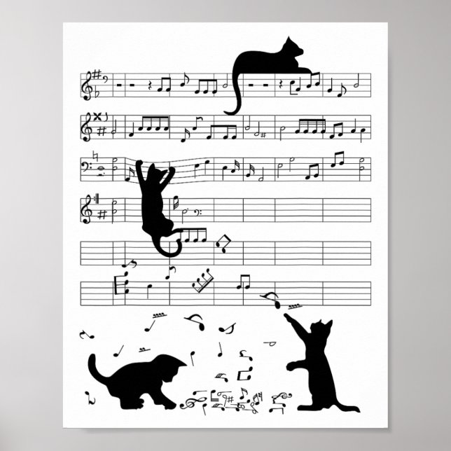 Póster Cute Cat Kitty Tocar Nota De Música Clef Musician  (Frente)