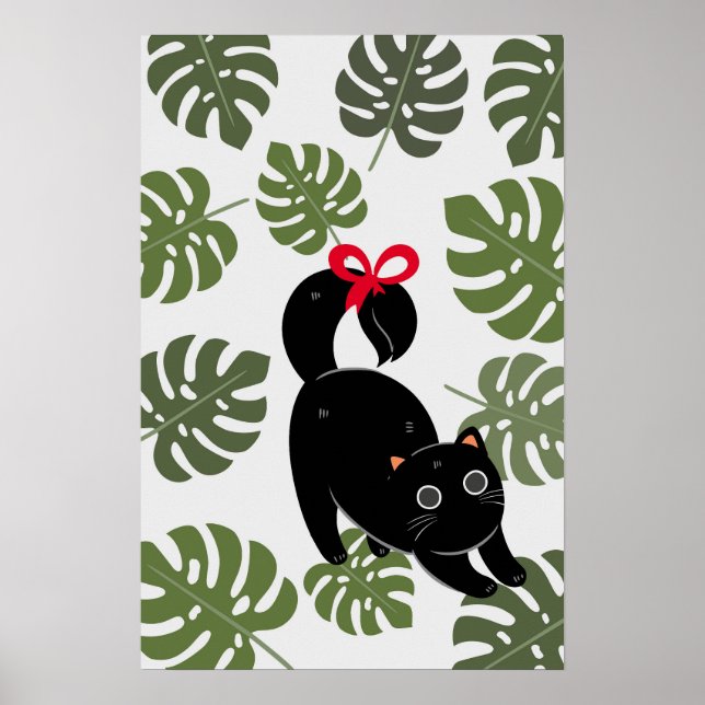 Póster Cute Cat With Bow Monstera Leaves (Frente)