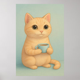 Póster Cute Cat with Coffee Cup – Adorable Pastel Animal