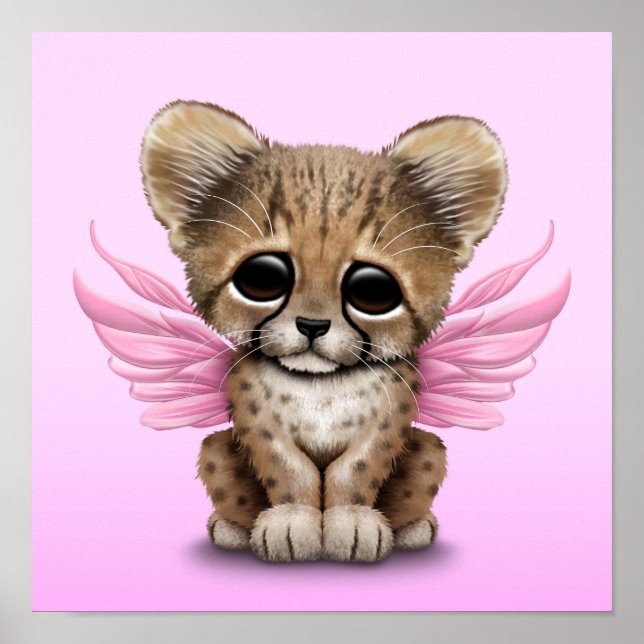 Póster Cute Cheetah Cub with Fairy Wings on Pink (Frente)
