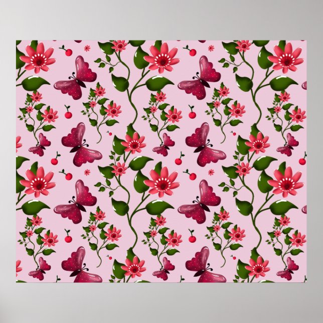 Póster Cute Cherry Butterfly Pattern, Glossy Kawaii Fruit (Frente)