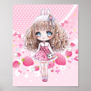 Póster Cute chibi chica con fresas kawaii