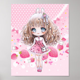 Póster Cute chibi chica con fresas kawaii