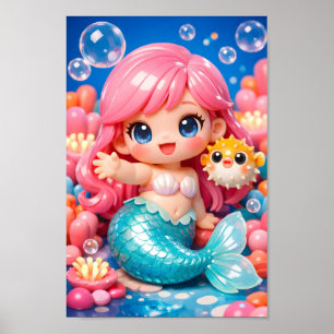 Póster Cute Chibi Sirena con amigo pez globo marino