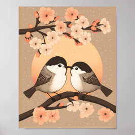 Póster Cute Chickadee Pareja Kissing Sunset