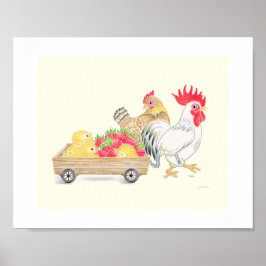 Póster Cute Chicken Family Strawberries Nursery Art  