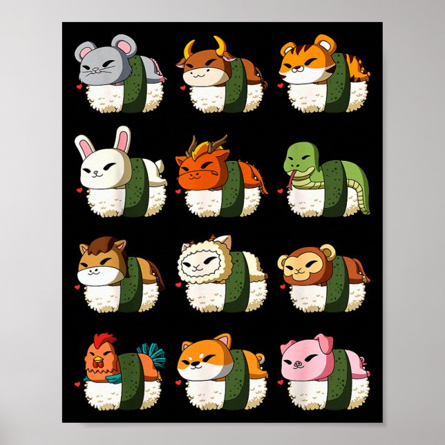 Póster Cute Chinese Zodiac Animal Signs Lunar New Year Su (Frente)