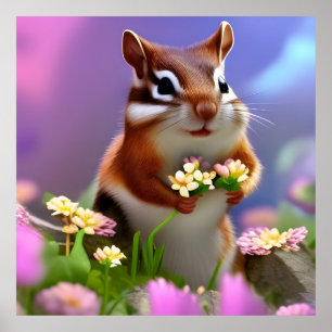 Póster Cute Chipmunk con flores
