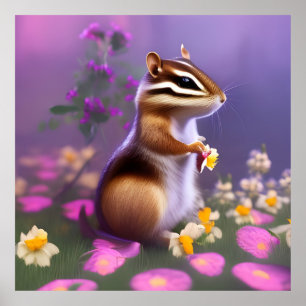 Póster Cute Chipmunk en las flores