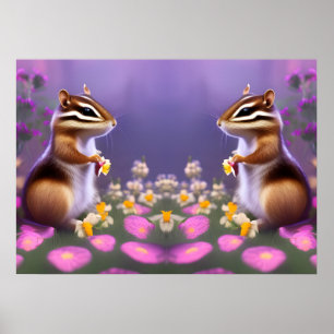 Póster Cute Chipmunks en las flores