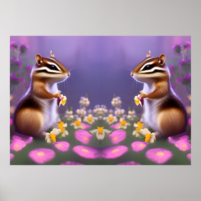 Póster Cute Chipmunks en las flores (Frente)
