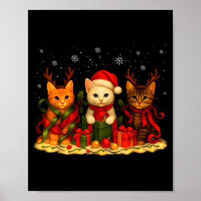 Póster Cute Christmas Cat Xmas Lights Santa Reindeer Cat  (Frente)