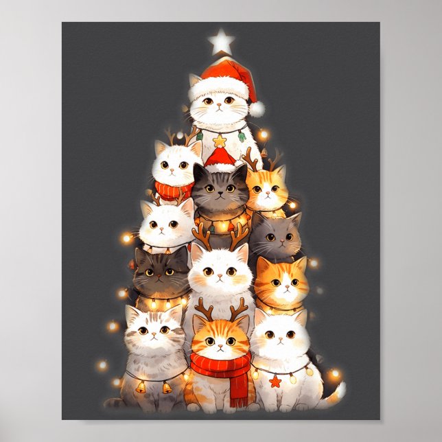 Póster Cute Christmas Cats Tree Lights Holiday Kittens Il (Frente)