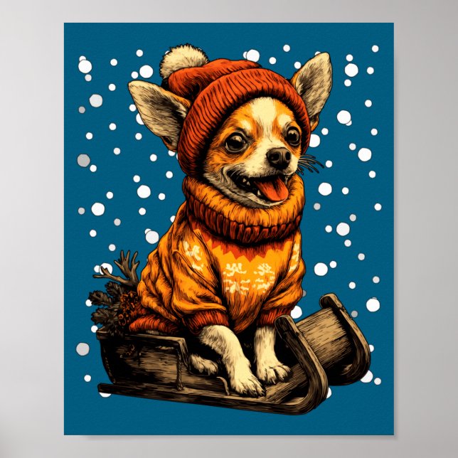 Póster Cute Christmas Chihuahua Sledding In Snow Funny Wi (Frente)