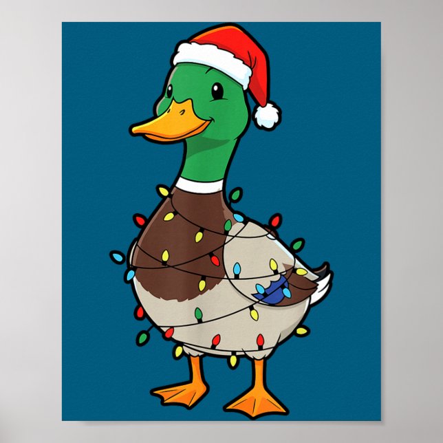 Póster Cute Christmas Duck Mallard With Xmas Lights  (Frente)