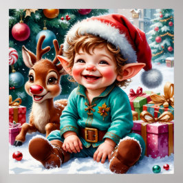 Póster Cute Christmas Elf & Reindeer