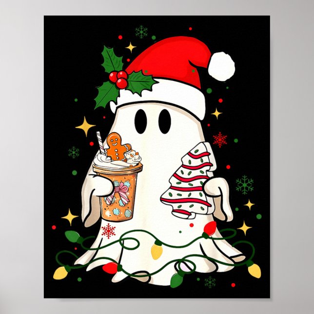 Póster Cute Christmas Ghost Coffee Tree Cake Xmas Lights  (Frente)