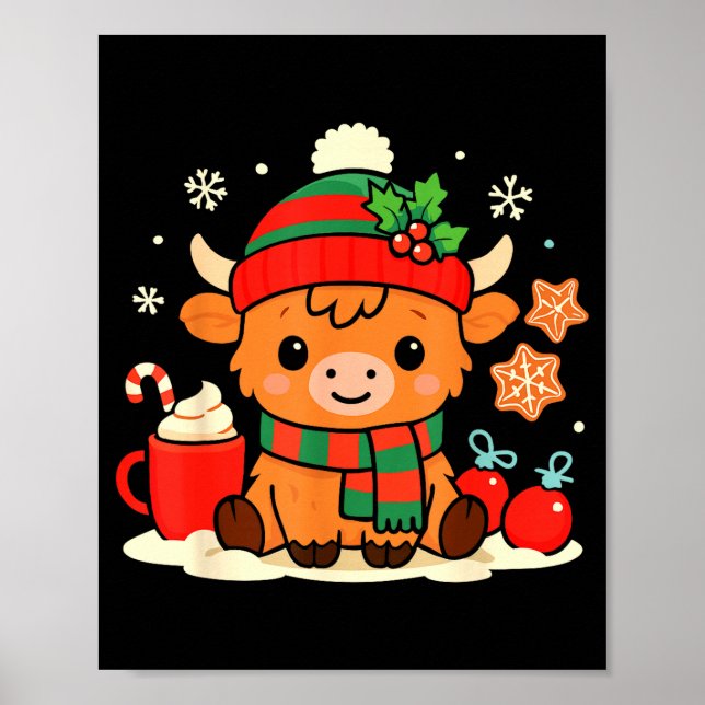 Póster Cute Christmas Highland Cow Heifer Xmas Farm Anima (Frente)