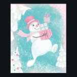 Póster Cute Christmas Snowman Pink and Mint<br><div class="desc">Cute and merry snowman in pink top hat and scarf with gift boxes brings joy and greetings</div>