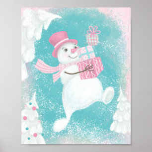 Póster Cute Christmas Snowman Pink and Mint