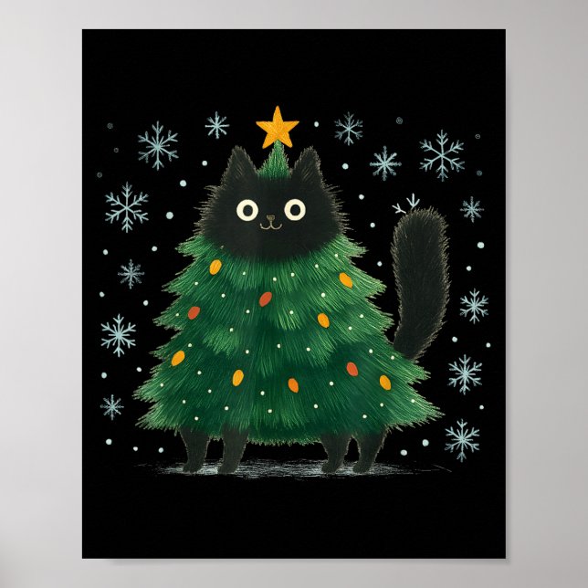Póster Cute Christmas Tree Cat Funny Holiday Snowflake  (Frente)