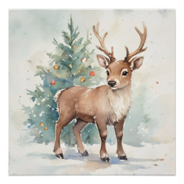 Póster Cute Christmas tree reindeer cozy Holiday Wall Art