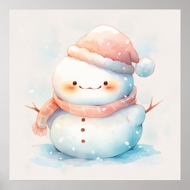 Póster Cute Chubby Watercolor Snowman (Frente)