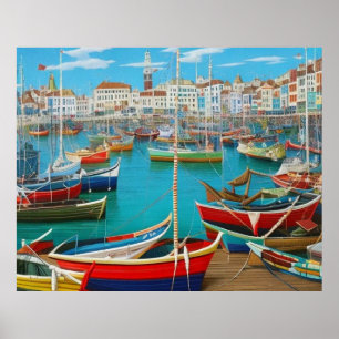 Póster Cute ciudad turística Fantasía moderna en el puert