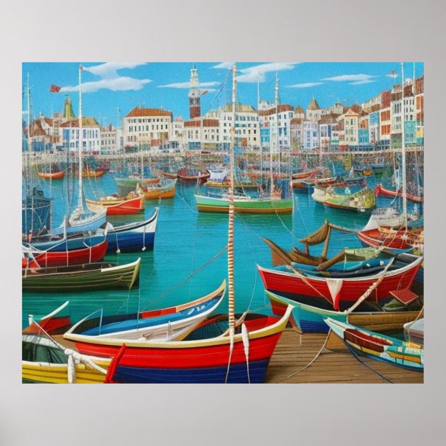 Póster Cute ciudad turística Fantasía moderna en el puert (Frente)