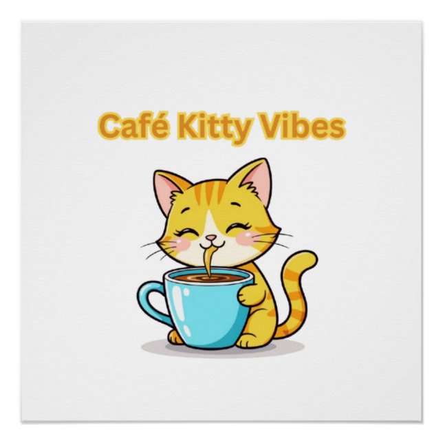 Póster **Cute Coffee Cat – Adorable Cat Drinking Coffee I (Anverso)