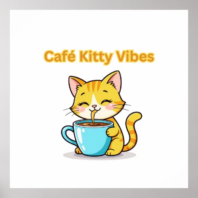 Póster **Cute Coffee Cat – Adorable Cat Drinking Coffee I (Frente)