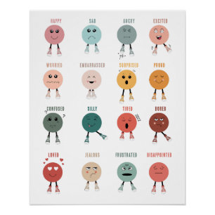 Póster Cute Colorful Feelings Emotions Faces Chart