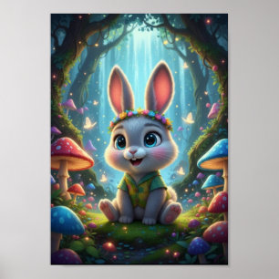 Póster Cute Conejo de Bosque Flor Poster de Fantasía