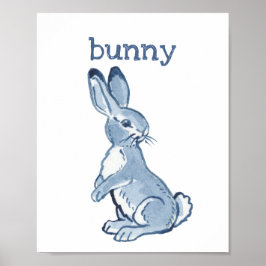 Póster Cute conejo Rabblt Blue Watercolor Animal Naturale