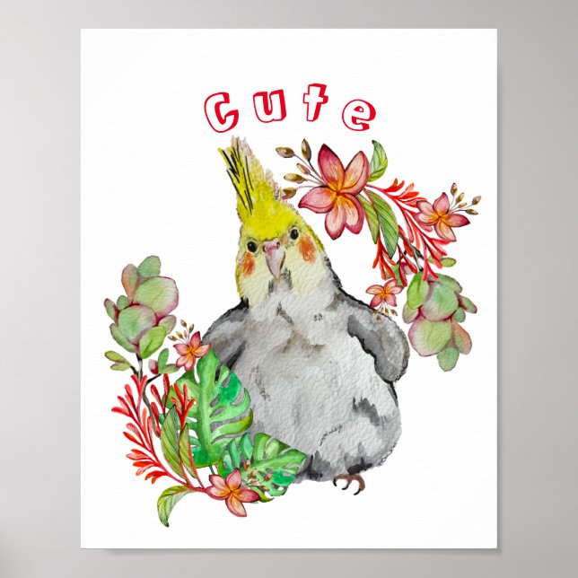 Póster Cute Corella parrot in tropical flowers Baby Bodys (Frente)