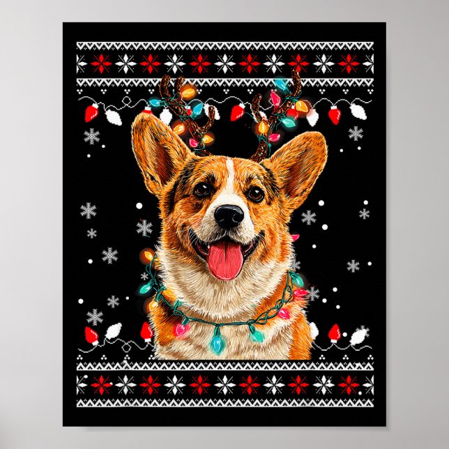 Póster Cute Corgi Dog Christmas Reindeer Santa Hat  (Frente)