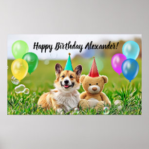 Póster Cute Corgi Feliz Cumpleaños Fiesta