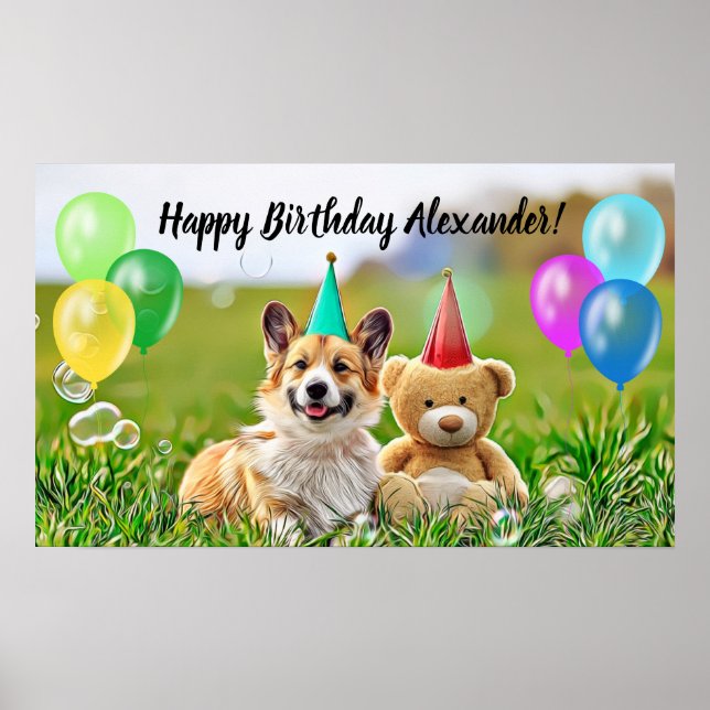 Póster Cute Corgi Feliz Cumpleaños Fiesta (Frente)