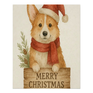 Póster Cute corgi wearing Santa's hat