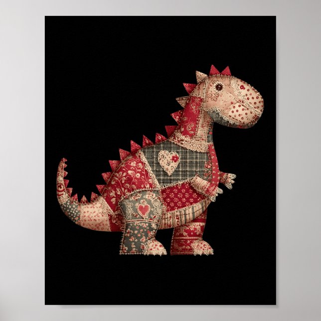 Póster Cute Country Dinosaur Patchwork Hearts Valentine  (Frente)