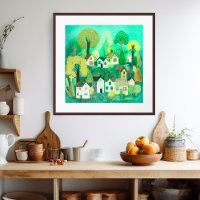 Cute Country Village Green Colorful Sweet Art