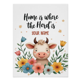 Póster Cute Cow - Diseño de nombres de familia editable