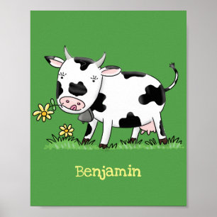 Póster Cute cow in green field cartoon illustration